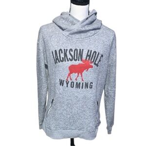 Techstyles Gray Jackson Hole Wyoming Terry Cloth Hoodie High Neck Zip Pockets
